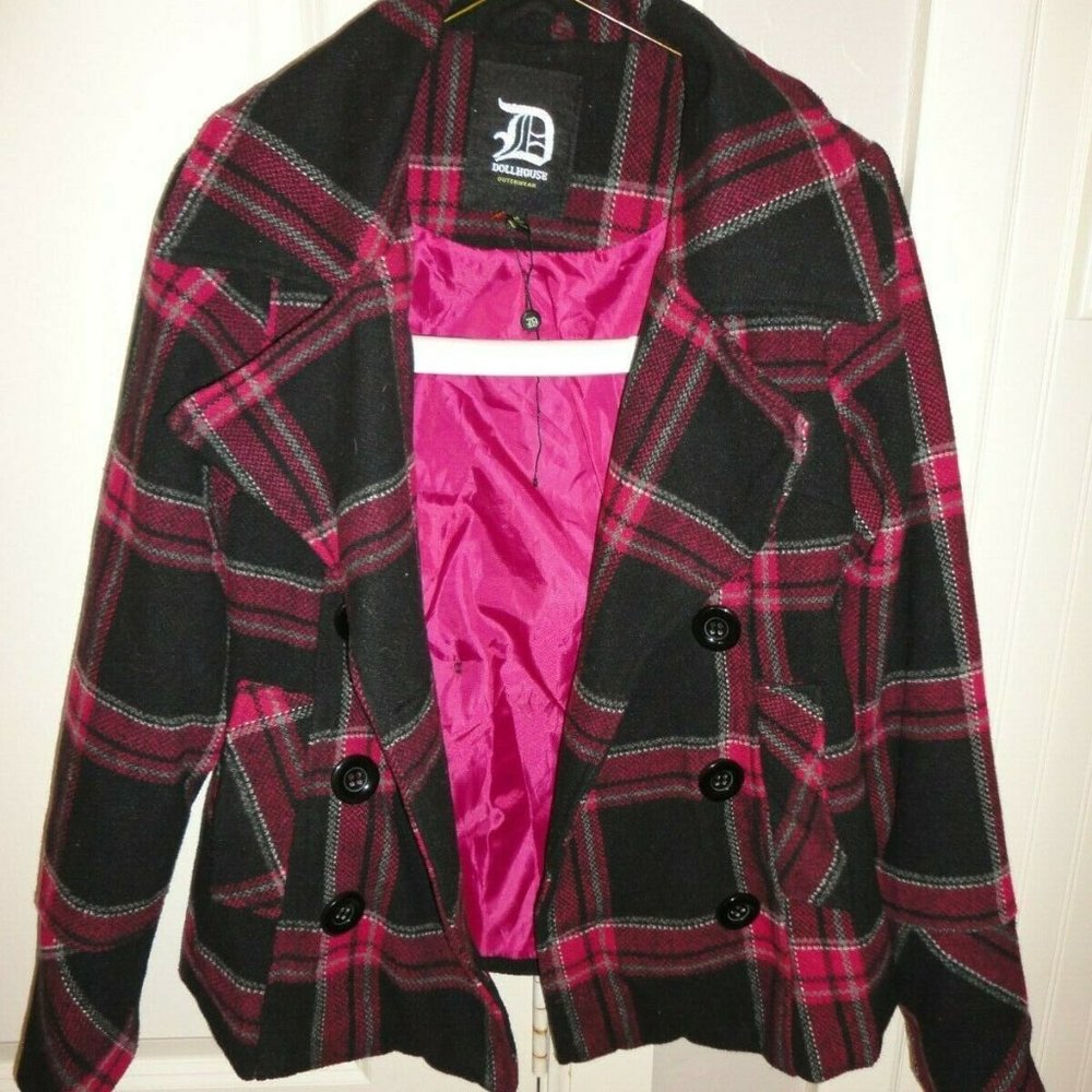 DOLLHOUSE Women's Plaid Pink & Black Pea Coat Jacket Sz Medium